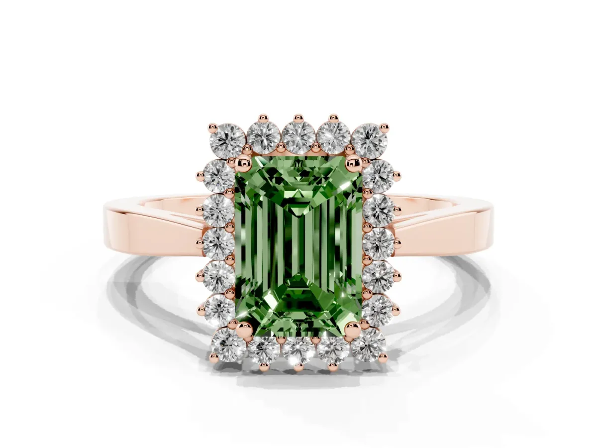 Fancy Green Emerald Cut Cut Diamond Halo Ring with Round Brilliant Halo and Solitaire Band Rose gold
