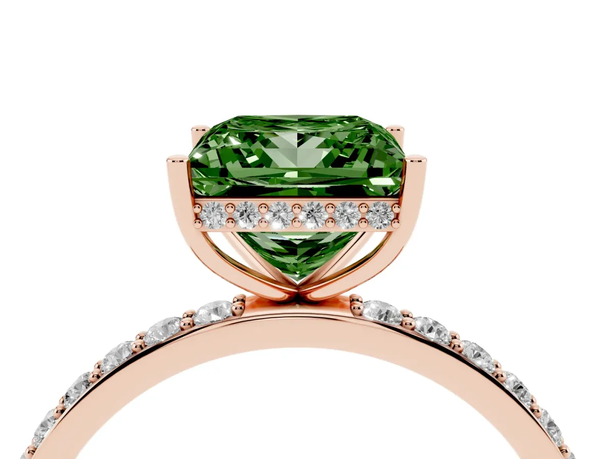 Fancy Green Princess Cut Diamond Solitaire Ring with Pavé Band and Hidden Halo Rose gold