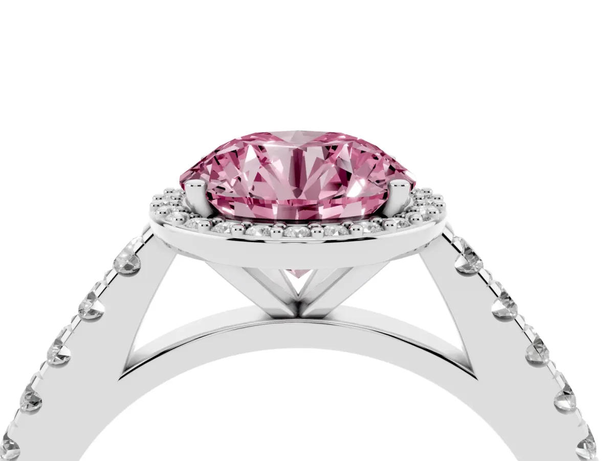 Fancy Pink Round Cut Cut Halo Diamond Engagement Ring with Pave Band and Four-Prong Setting Platinum