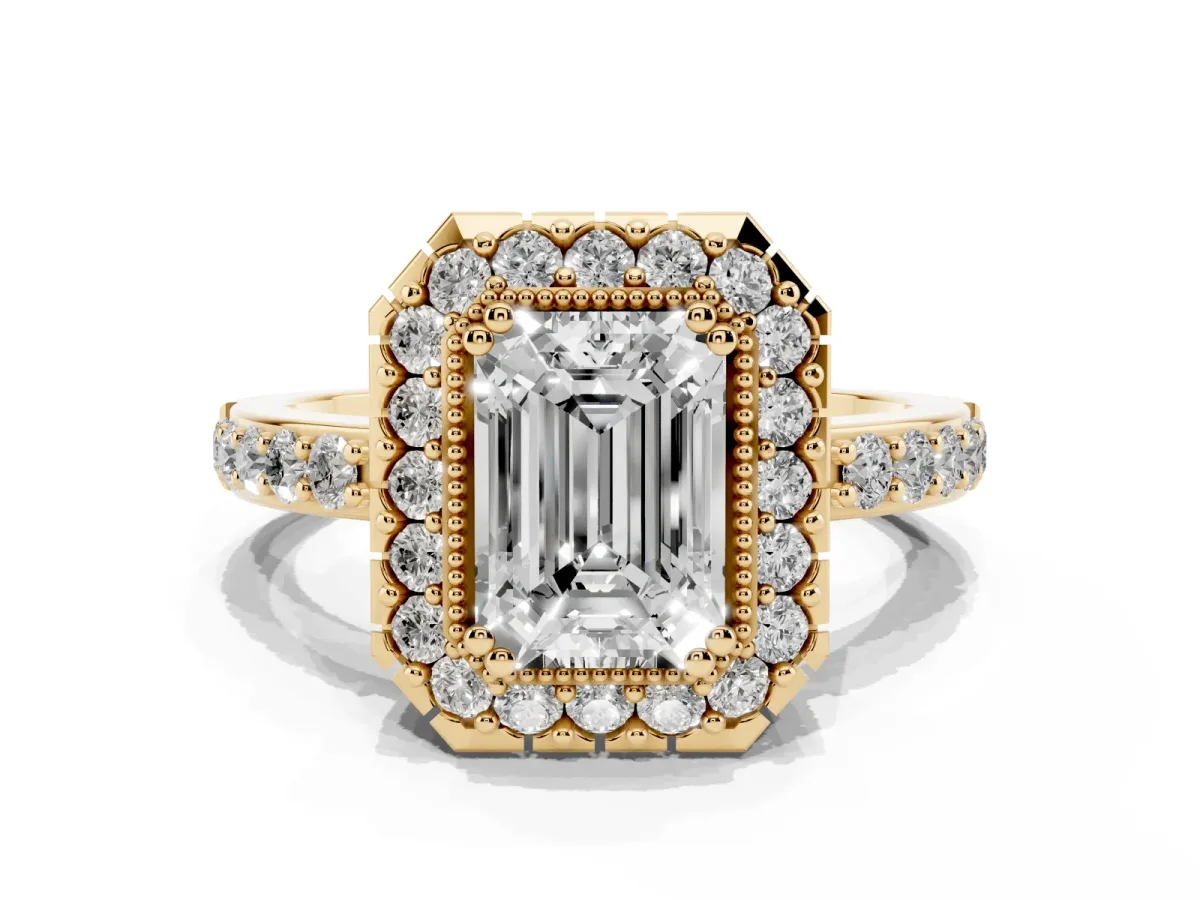 Emerald Cut Diamond Halo Ring with Pavé Band and Prong Setting Yellow gold