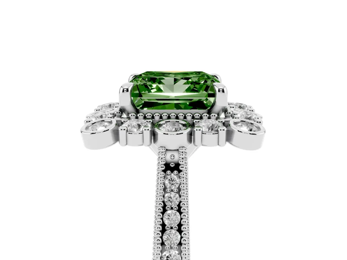 Fancy Green Princess Cut Halo Milgrain Pave Diamond Ring with Four-Prong Setting Silver