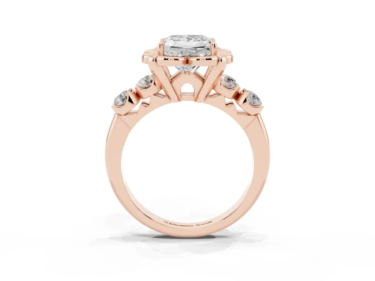 Princess Cut Cut Diamond Floral Halo Engagement Ring with Shared Prong Setting Rose gold
