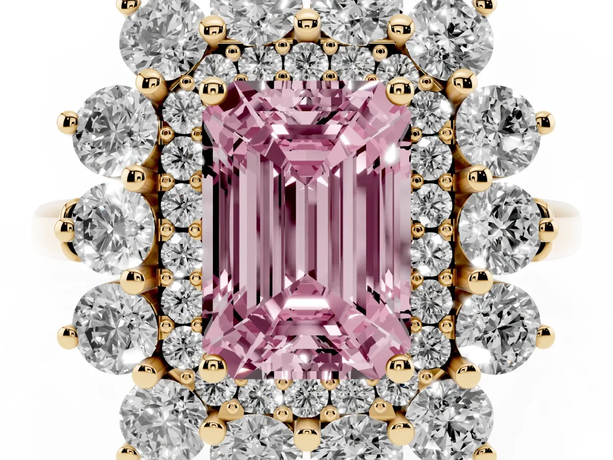 Fancy Pink Emerald Cut Diamond Floral Double Halo Engagement Ring with Prong Setting Yellow gold