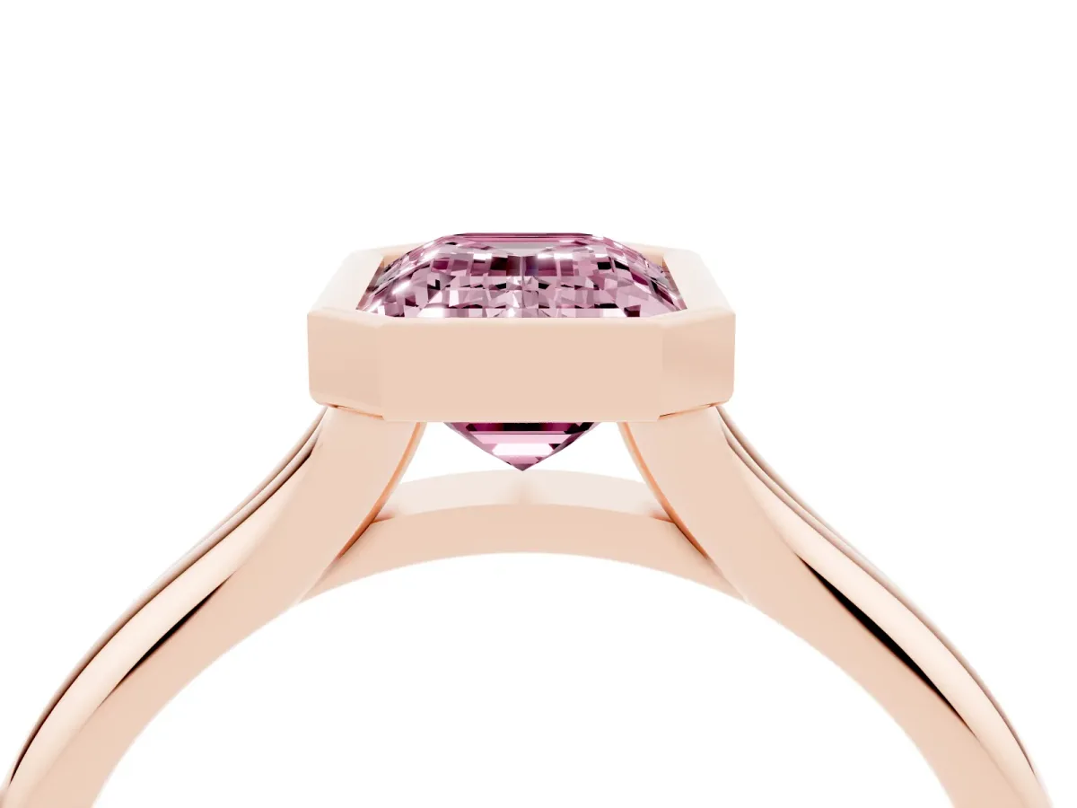 Fancy Pink Bezel Set Emerald Cut Solitaire Diamond Ring with Smooth Band Rose gold