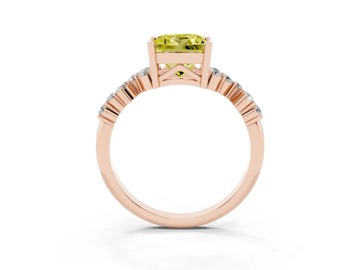 Fancy Yellow Princess Cut Diamond Scattered Round Accent Ring with Prong Setting Rose gold