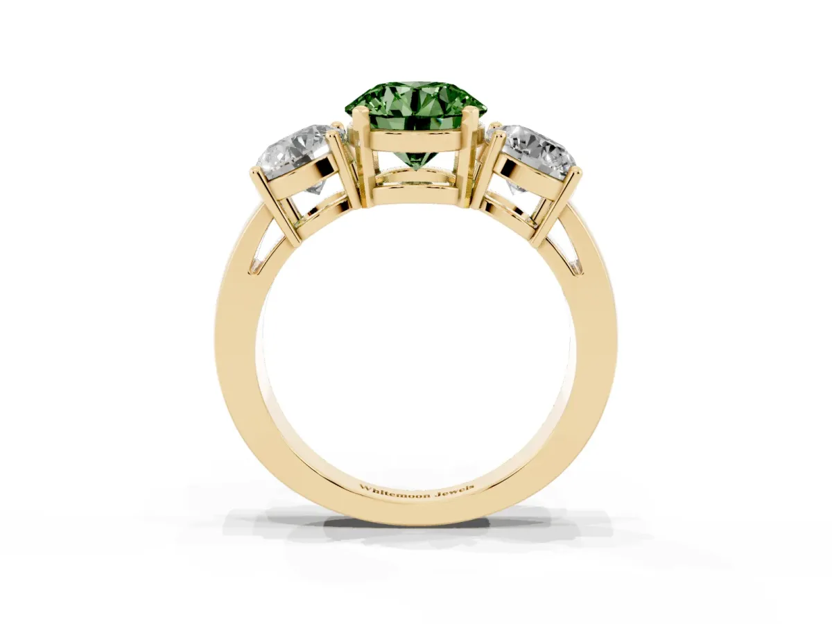 Fancy Green Three-Stone Round Cut Diamond Ring with Round Side Stones, Classic Band, and Four-Prong Setting Yellow gold
