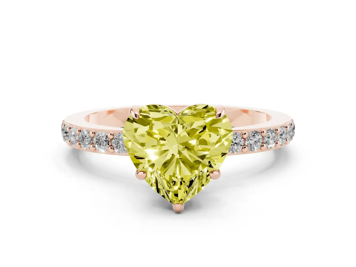 Fancy Yellow Heart Cut Diamond Pavé Engagement Ring with Round Accents and Prong Setting Rose gold