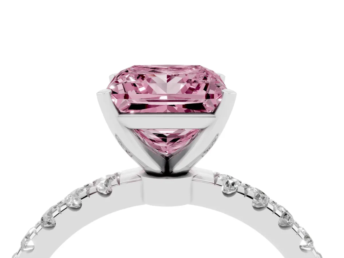 Fancy Pink Princess Cut Diamond Solitaire Ring with Pavé Accents and Four-Prong Setting Silver