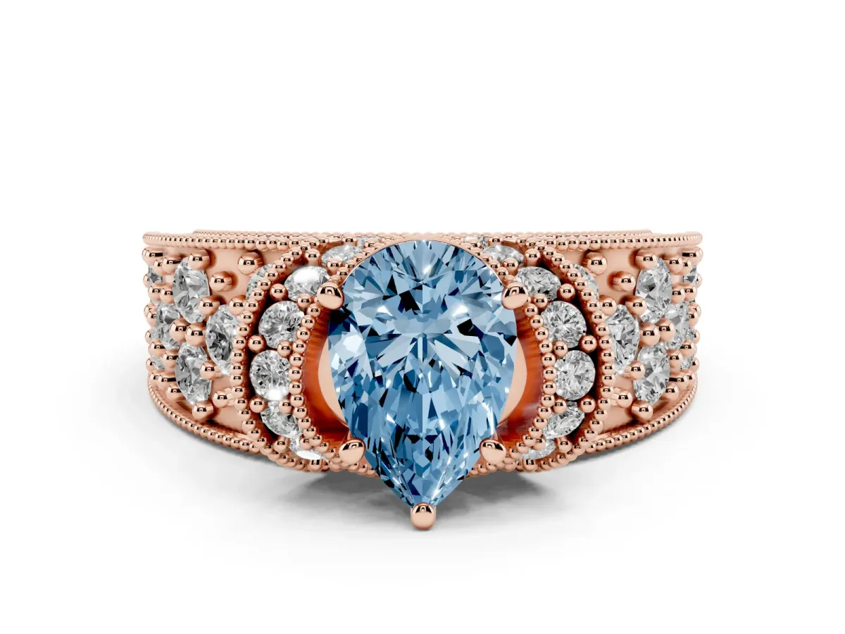 Fancy Blue Pear Cut Halo Pave Diamond Engagement Ring with Milgrain Detailing Rose gold