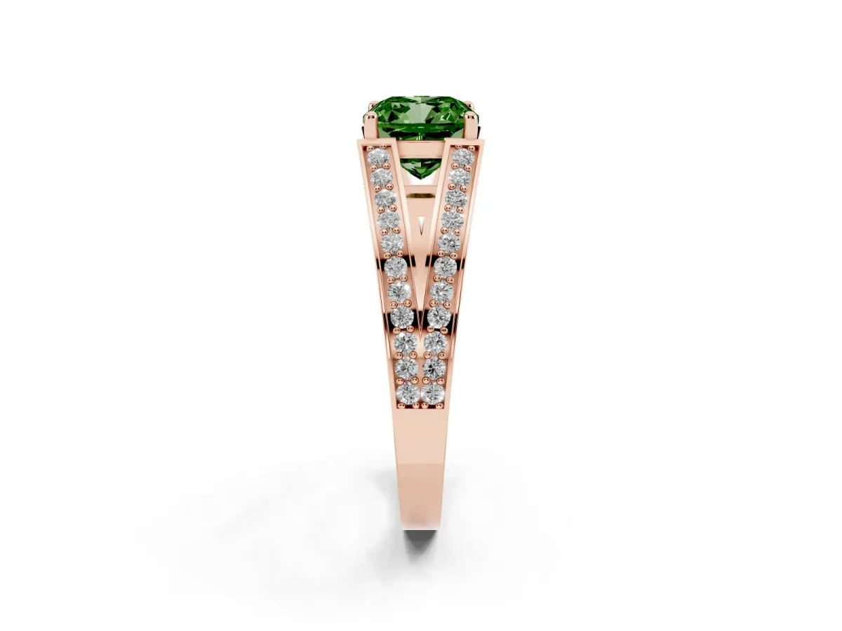 Fancy Green Cushion Cut Diamond Split Shank Ring with Pavé Band and Four-Prong Setting Rose gold