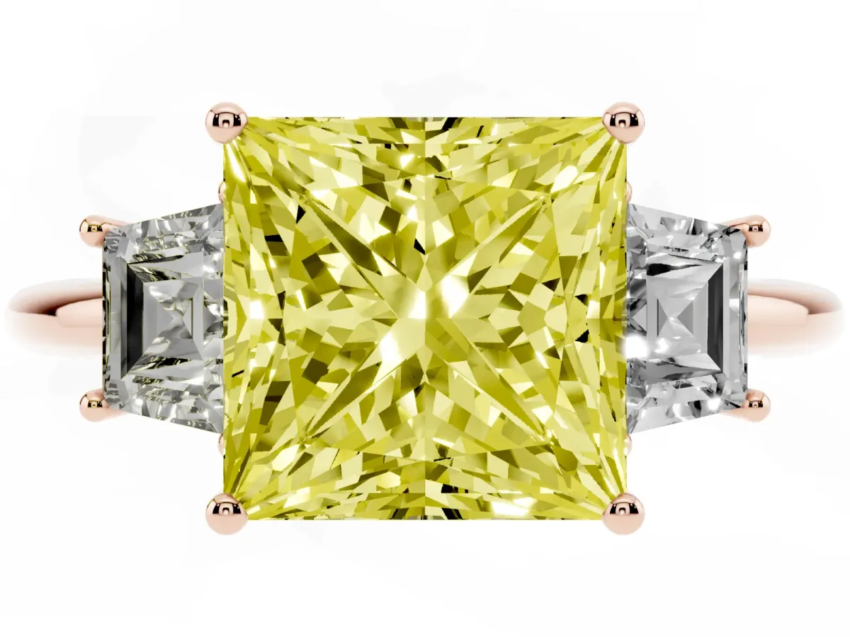 Fancy Yellow Princess Cut Diamond Three-Stone Ring with Trapezoid Side Stones and Prong Setting Rose gold