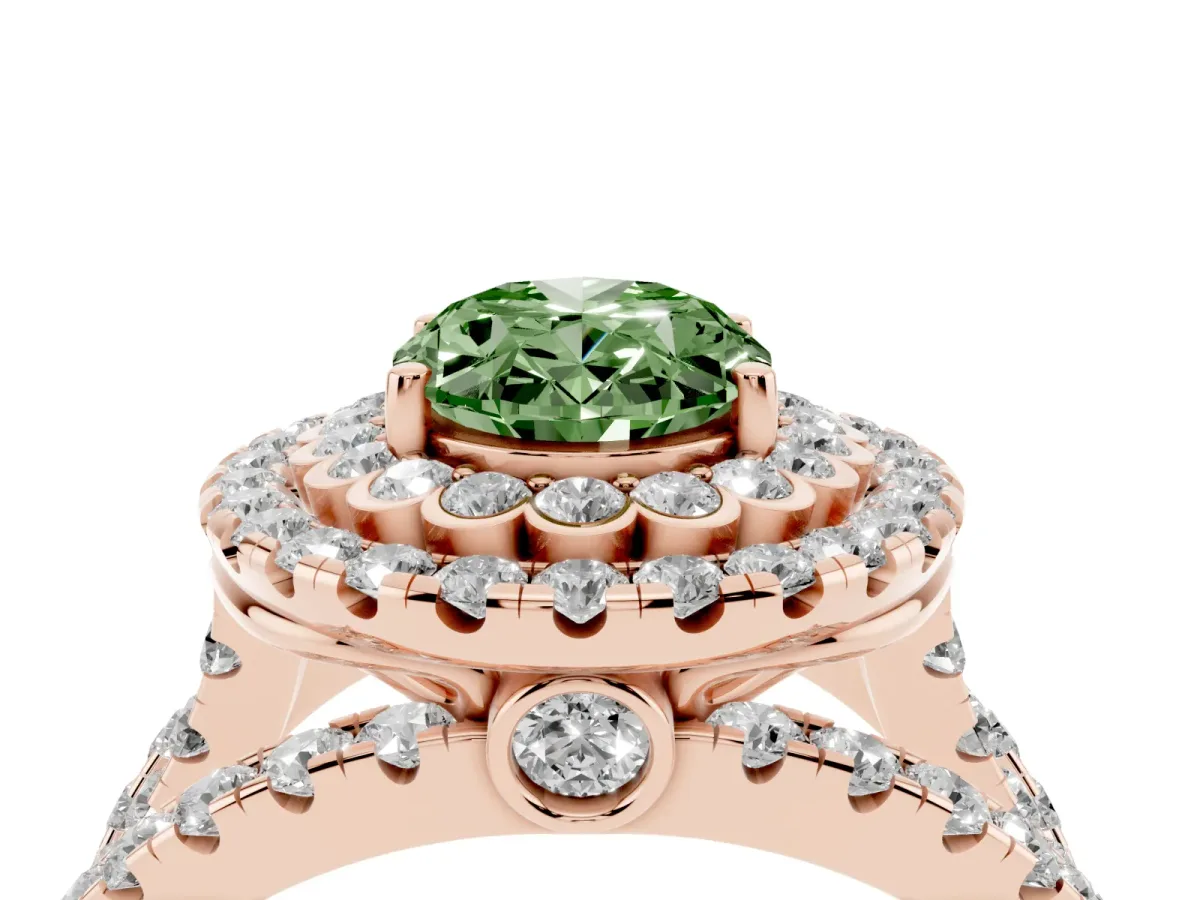Fancy Green Oval Cut Diamond Double Halo Ring with Round Pavé Split Shank and Prong Setting Rose gold