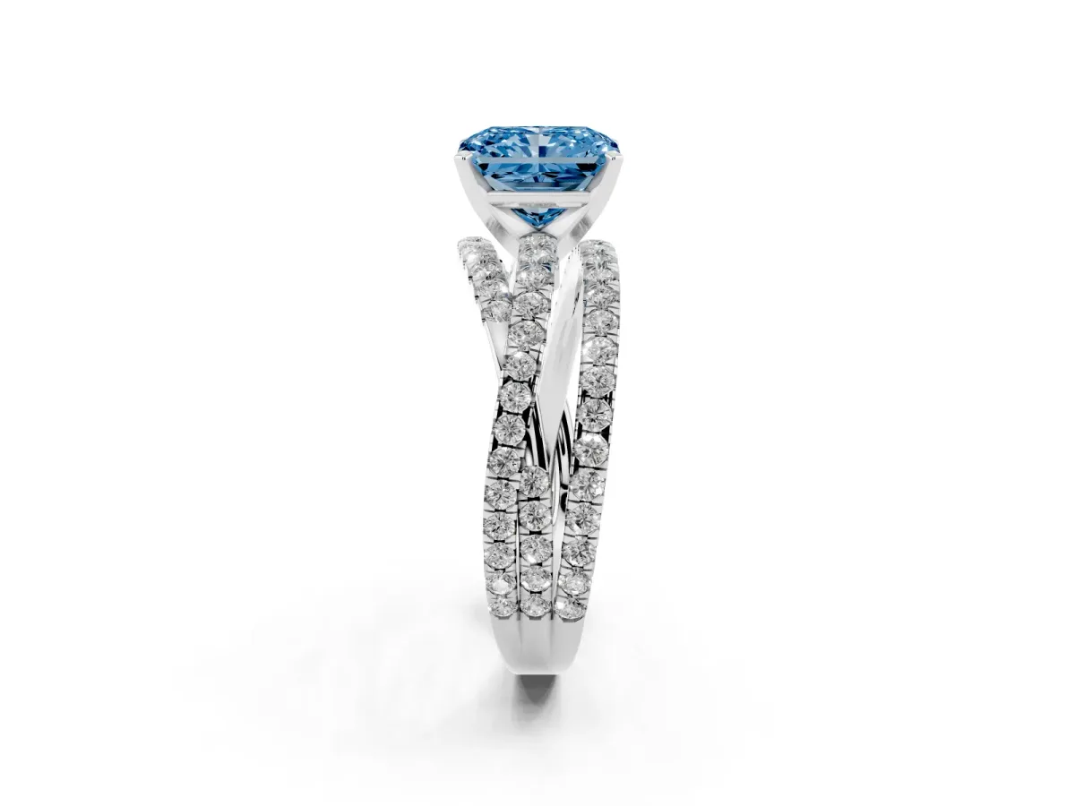 Fancy Blue Radiant Cut Solitaire Twist Band with Pavé Setting and Four-Prong Setting Silver