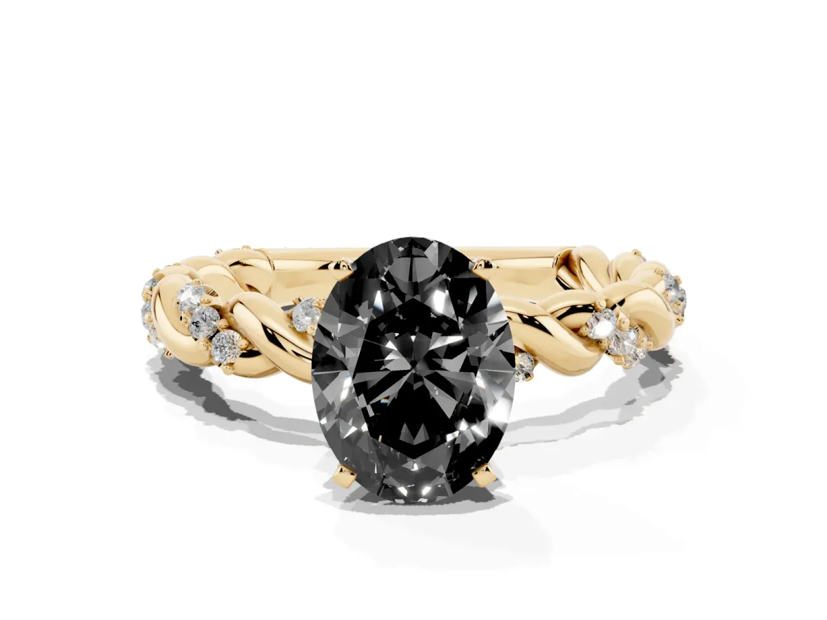 Fancy Black Oval Cut Diamond Solitaire Ring with Twisted Band and Pavé Accents Yellow gold