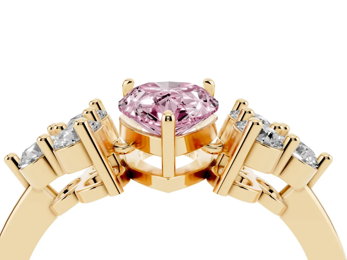Fancy Pink Pear Cut Brilliant Diamond Cluster Accent Solitaire Ring with Prong Setting Yellow gold