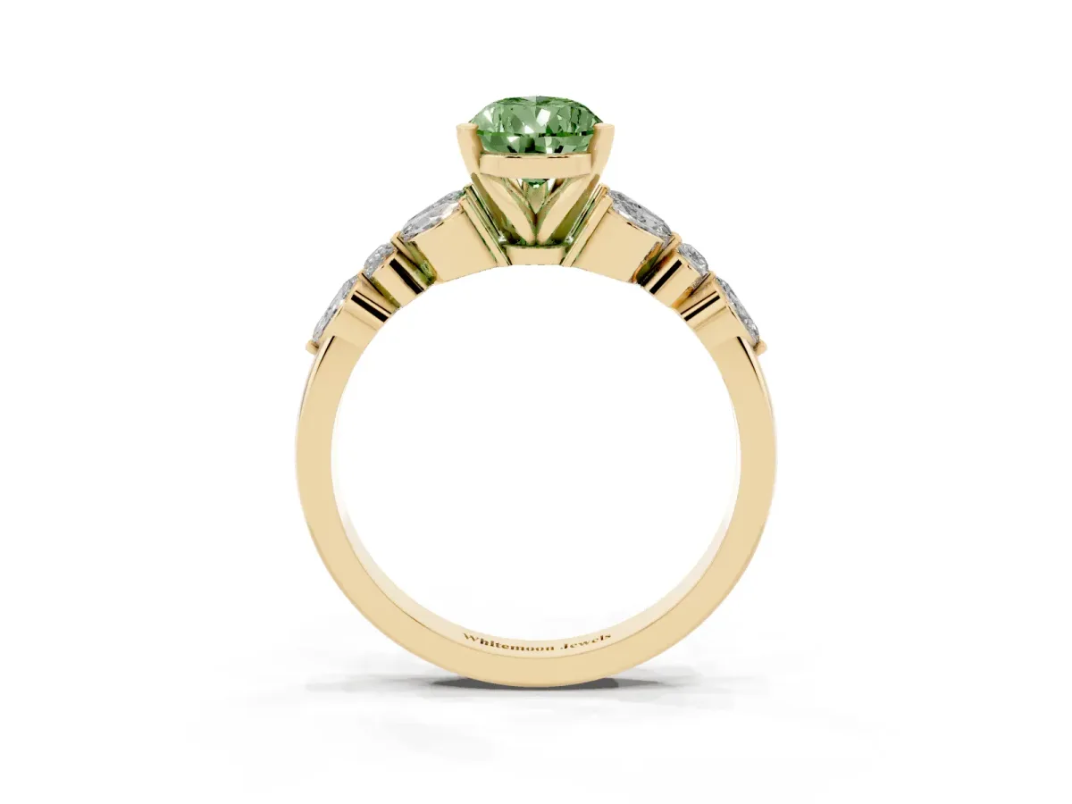 Fancy Green Pear Cut Diamond Solitaire Ring with Side Stones and Four-Prong Setting Yellow gold