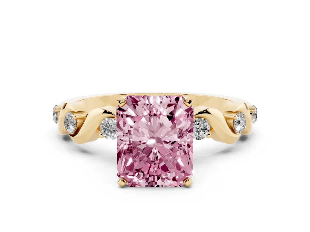 Fancy Pink Radiant Cut Diamond Solitaire Twisted Band with Round Accents and Prong Setting Yellow gold