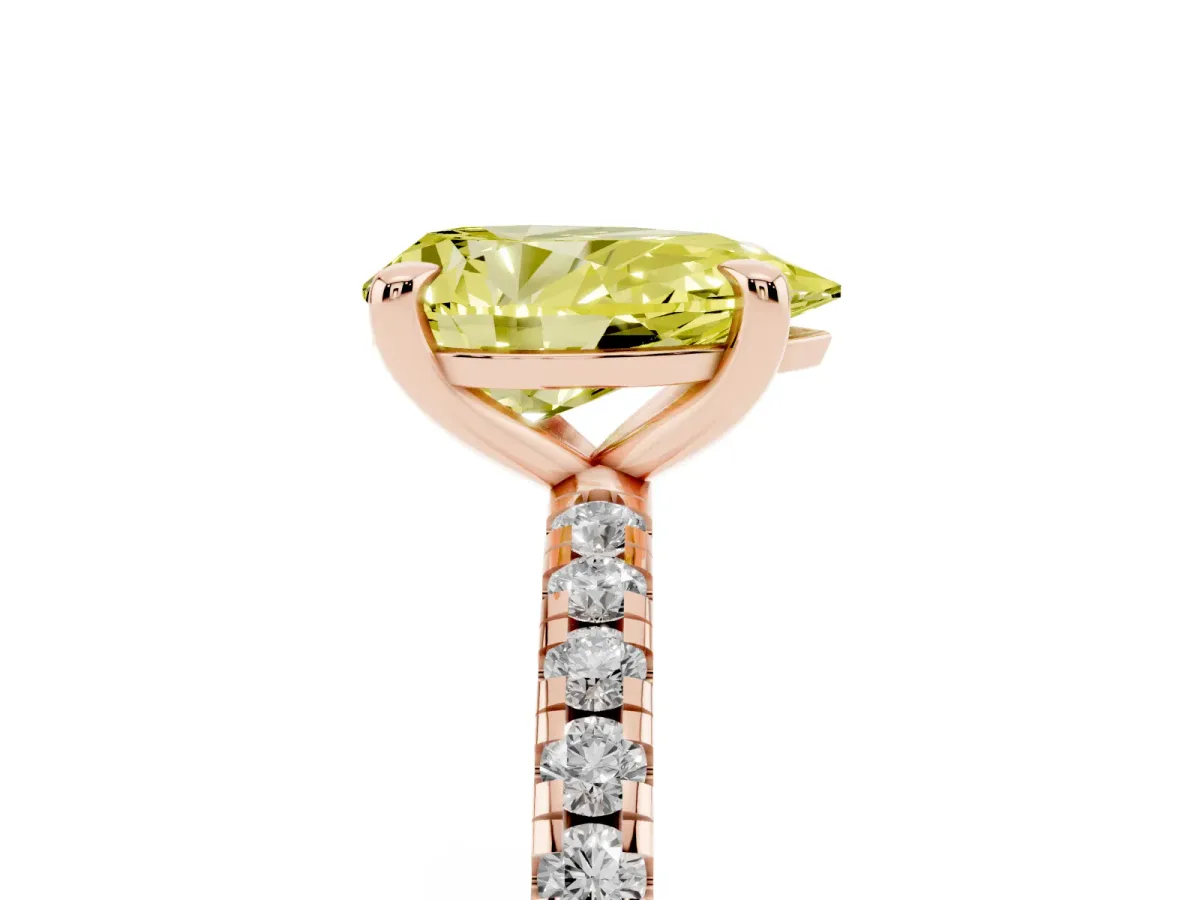 Fancy Yellow Pear Cut Diamond Brilliant Solitaire Ring with Pavé Band and Four-Prong Setting Rose gold