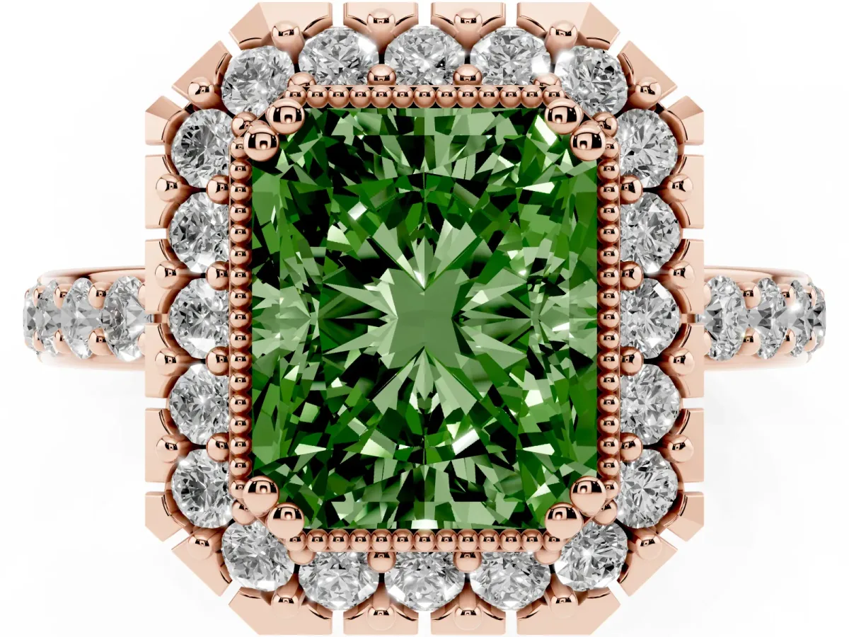 Fancy Green Radiant Cut Diamond Halo Ring with Pavé Band and Prong Setting Rose gold