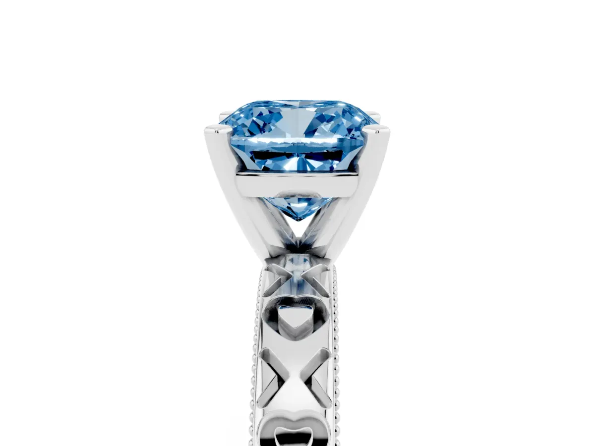 Fancy Blue Cushion Cut Solitaire Diamond Engagement Ring with XO Engraved Band and Four-Prong Setting White gold