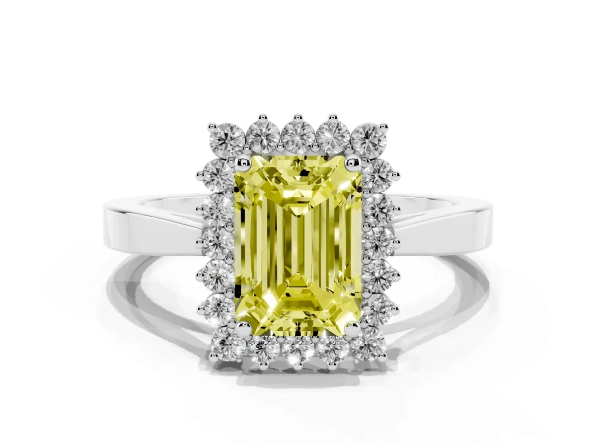 Fancy Yellow Emerald Cut Cut Diamond Halo Ring with Round Brilliant Halo and Solitaire Band Silver