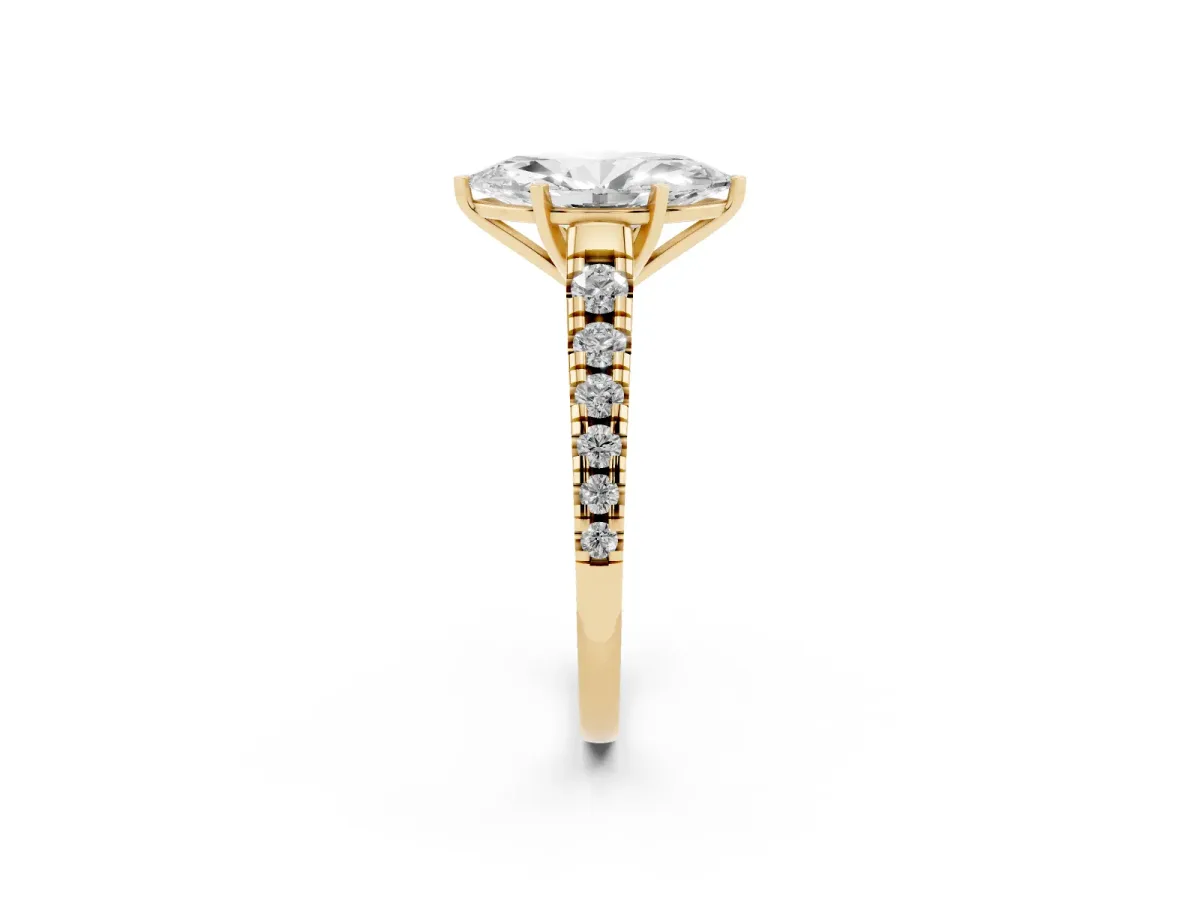 Marquise Cut Diamond Cathedral Solitaire Ring with Round Pavé Band Yellow gold