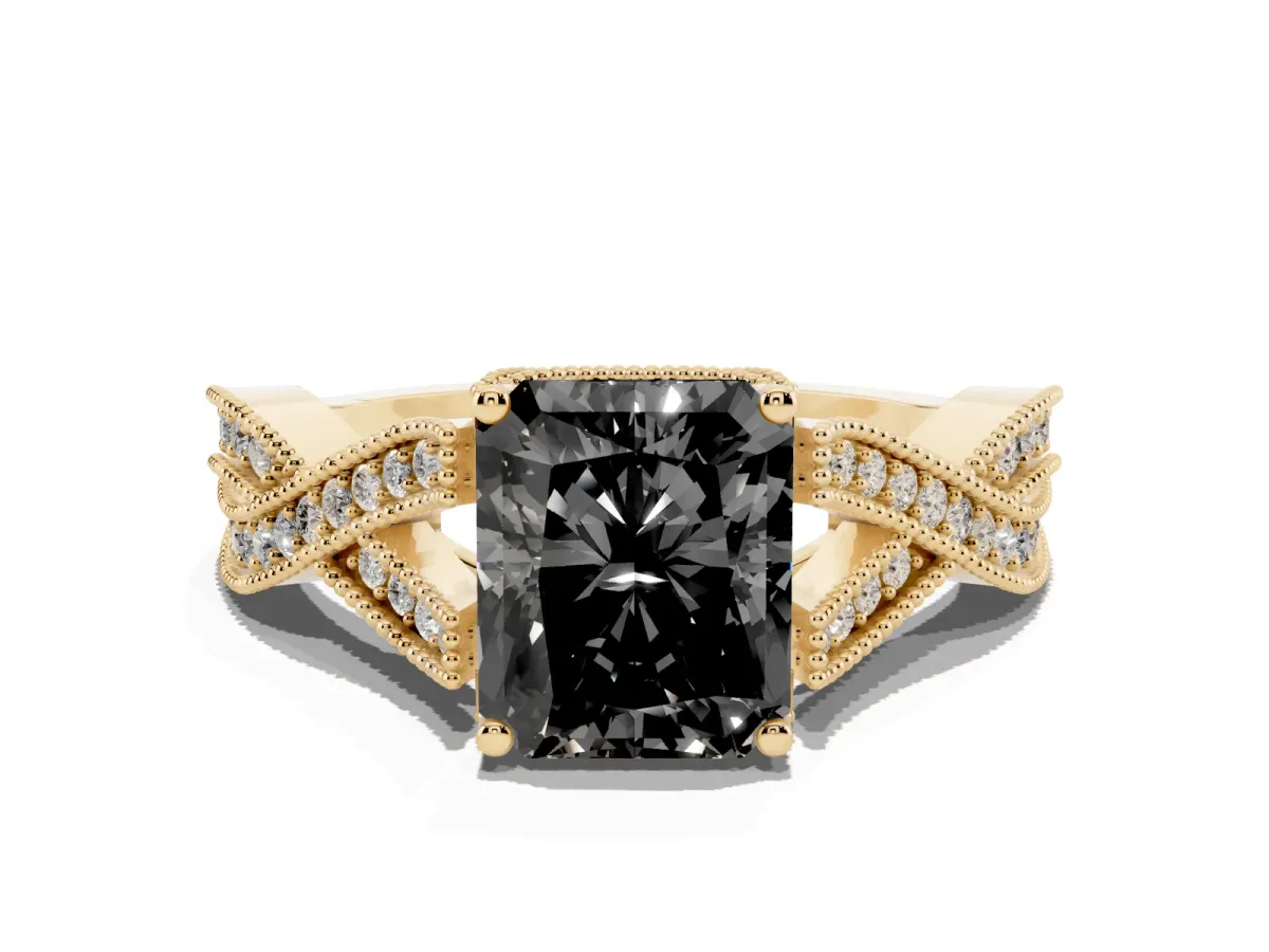 Fancy Black Radiant Cut Cut Diamond Twisted Band with Milgrain Pave Setting and Four-Prong Setting Yellow gold