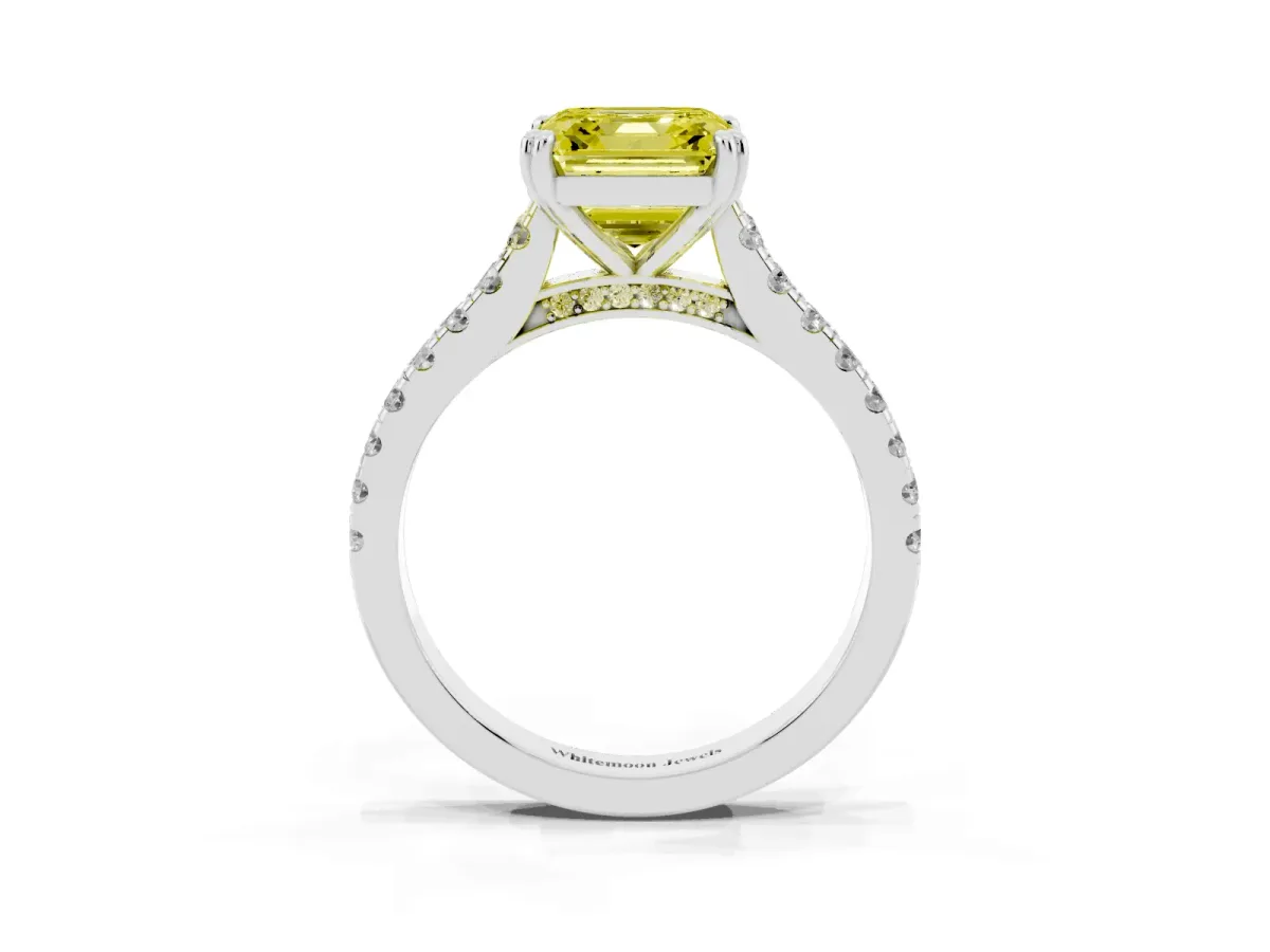 Fancy Yellow Asscher Cut Solitaire Pave Diamond Engagement Ring with Prong Setting Platinum