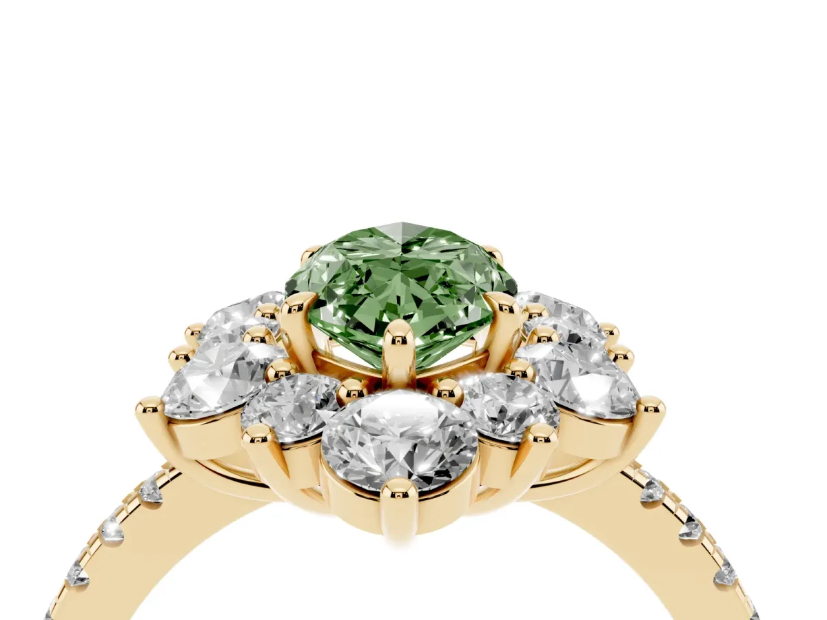 Fancy Green Marquise Cut Diamond Floral Halo Ring with Round Pavé Band and Prong Setting Yellow gold