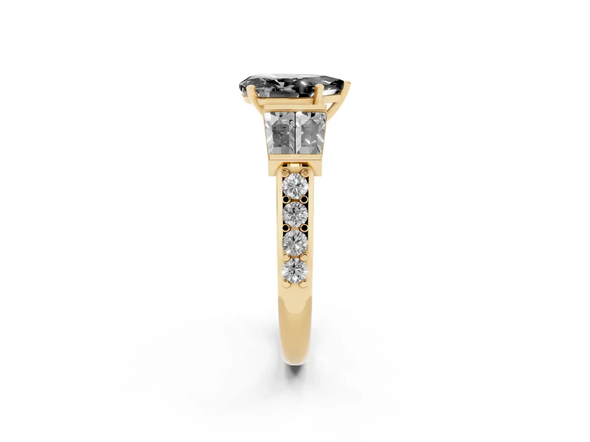 Fancy Black Pear Cut Diamond Engagement Ring with Baguette Side Stones and Channel Set Band Yellow gold