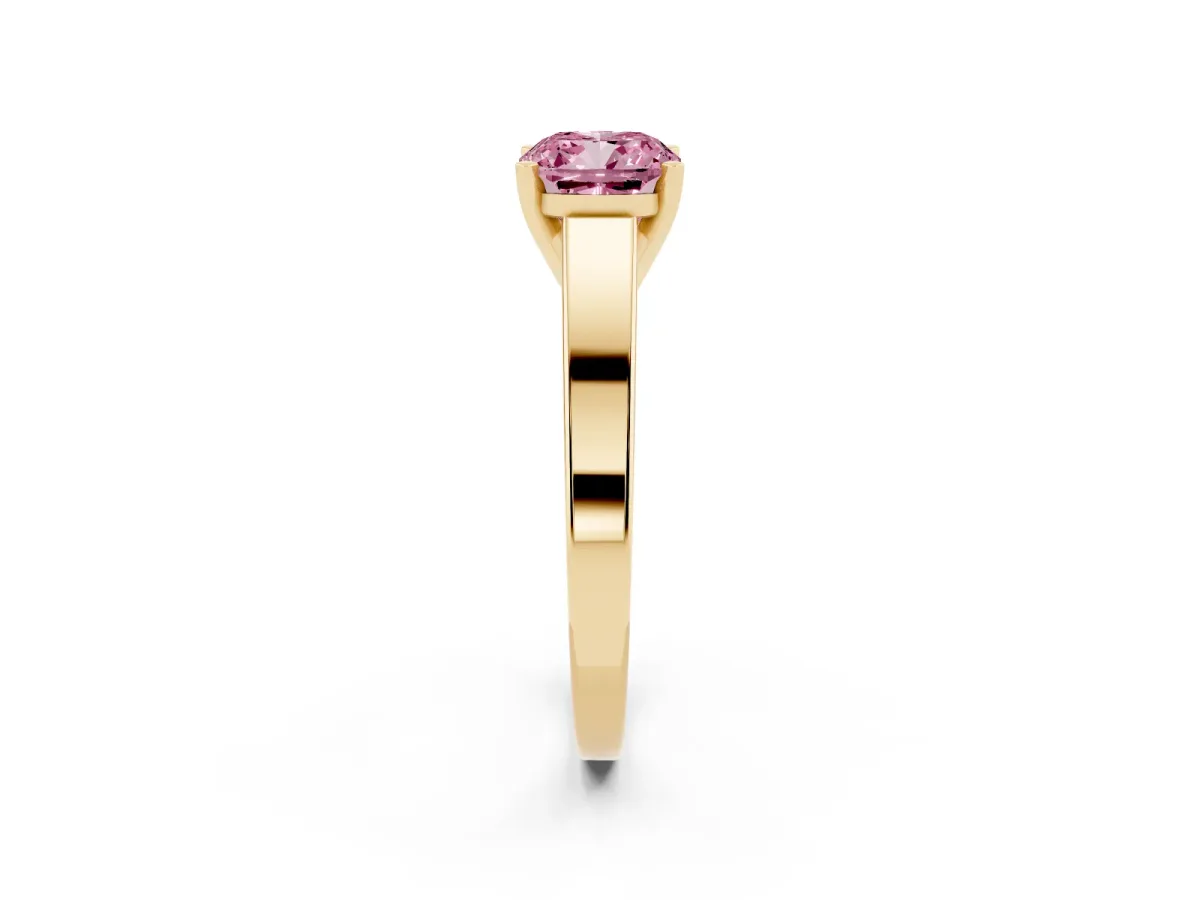 Fancy Pink Cushion Cut Solitaire Engagement Ring with Four-Prong Setting and Tapered Band Yellow gold