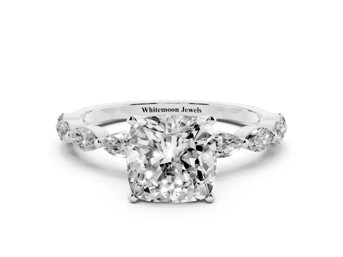 Cushion Cut Diamond Ring with Marquise Side Stones and Prong Setting Silver
