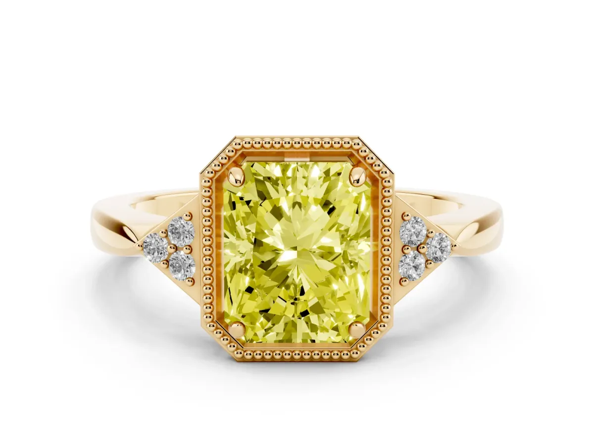 Fancy Yellow Radiant Cut Diamond Halo Ring with Tapered Band and Four-Prong Setting Yellow gold