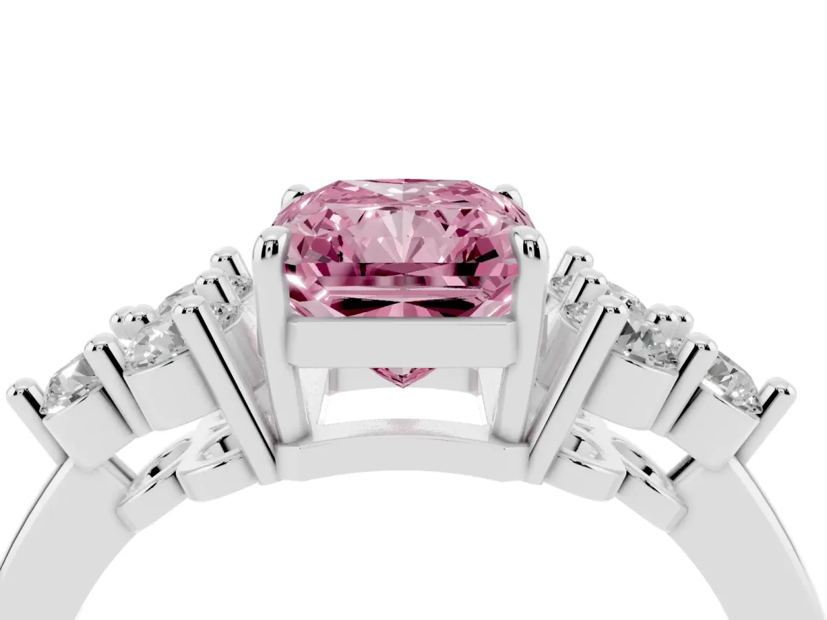 Fancy Pink Radiant Cut Brilliant Diamond Cluster Accent Solitaire Ring with Prong Setting Silver