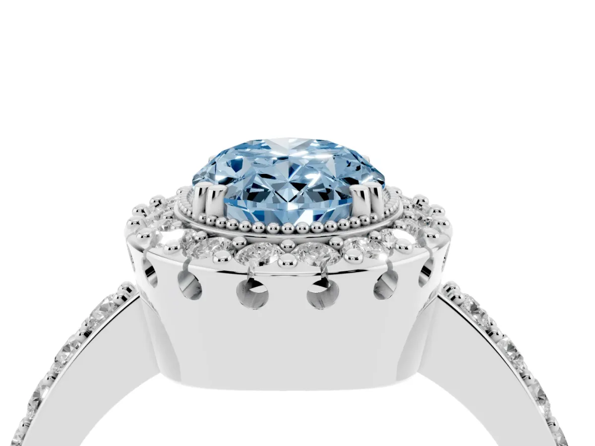 Fancy Blue Oval Cut Diamond Halo Ring with Pavé Band and Prong Setting Silver