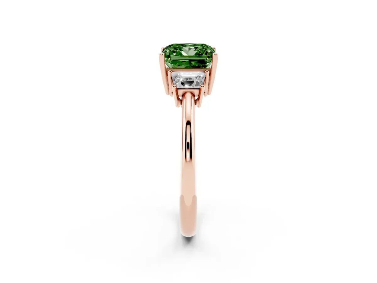 Fancy Green Princess Cut Diamond Three-Stone Ring with Trapezoid Side Stones and Prong Setting Rose gold