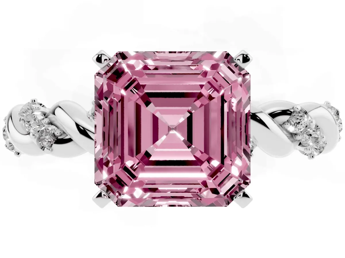 Fancy Pink Asscher Cut Diamond Solitaire Ring with Twisted Band and Pavé Accents Silver