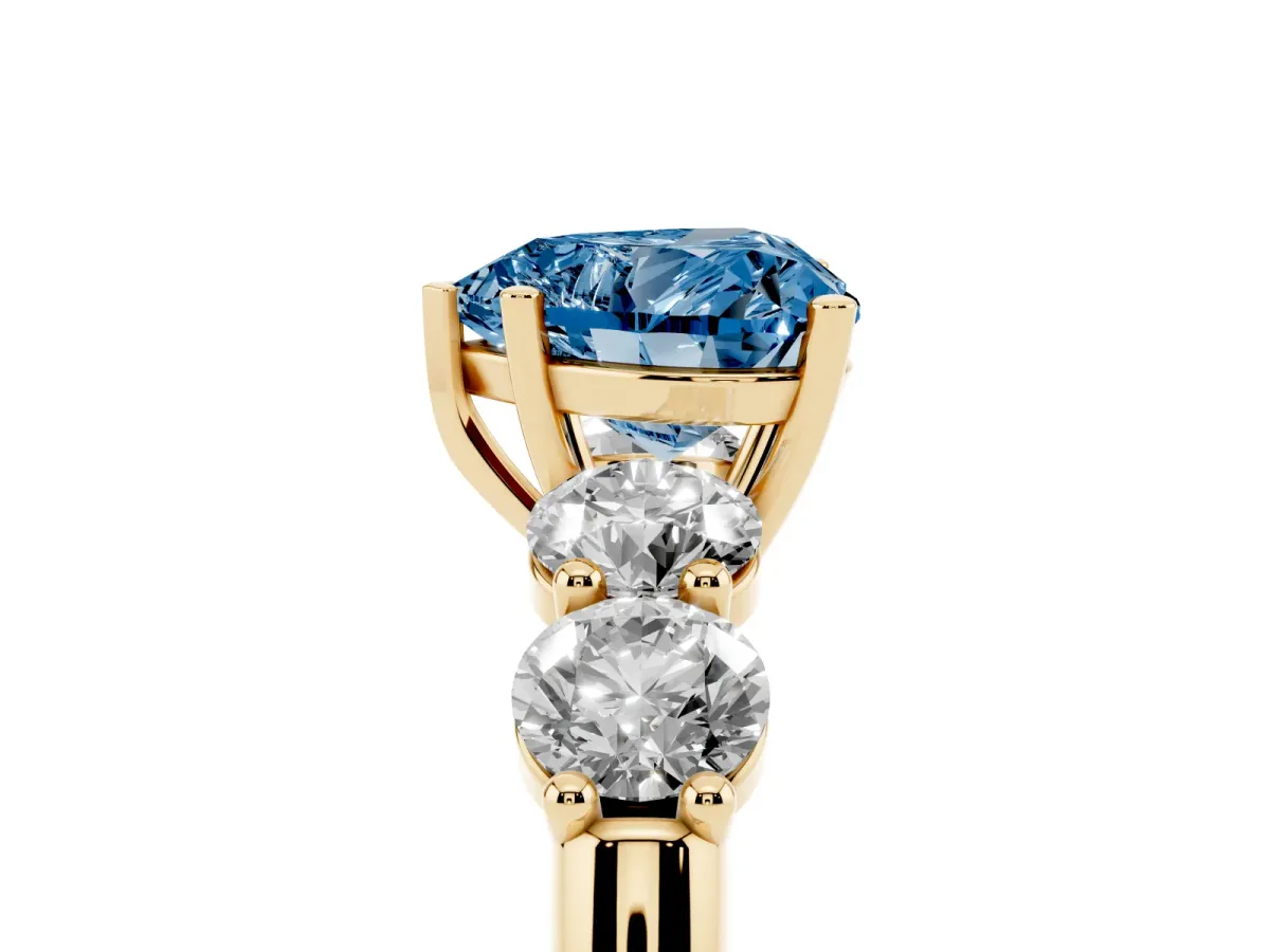 Fancy Blue Heart Cut Cut Five-Stone Prong Set Diamond Ring with Classic Band Yellow gold