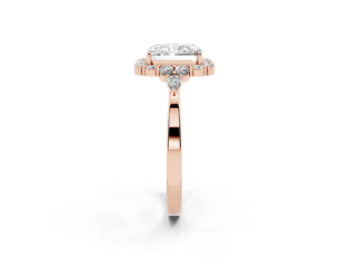 Radiant Cut Diamond Halo Ring with Pear Side Stones and Prong Setting Rose gold
