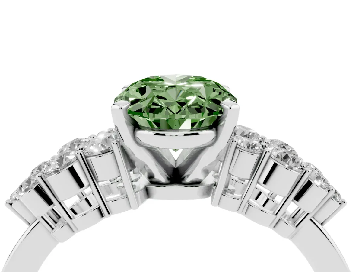 Fancy Green Oval Cut Cluster Diamond Engagement Ring with Pavé Band and Four-Prong Setting Platinum
