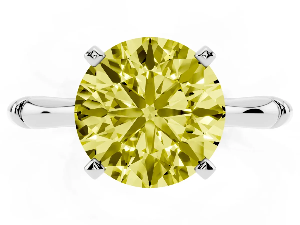 Fancy Yellow Round Cut Solitaire Diamond Ring with Bamboo Band and Four-Prong Setting Silver