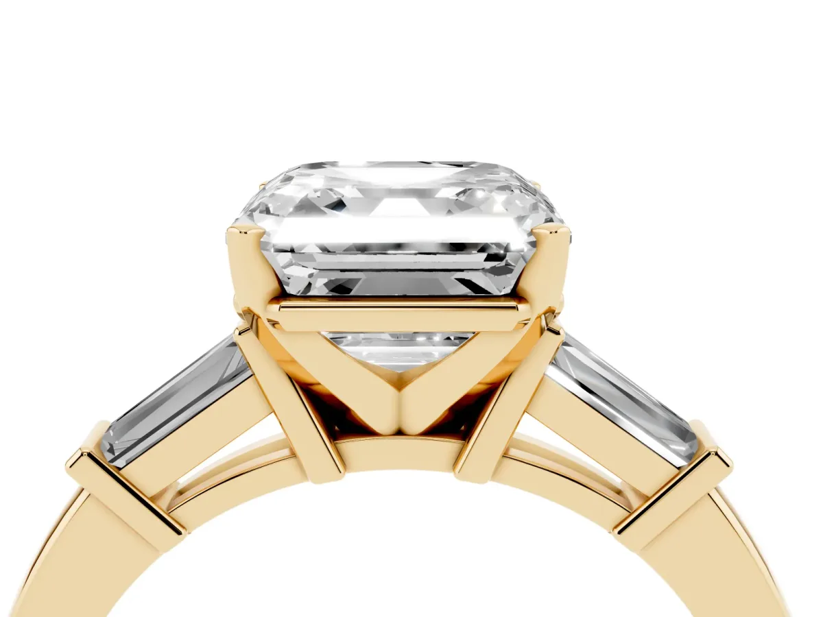 Asscher Cut Cut Diamond Solitaire Ring with Tapered Baguette Accents and Four-Prong Setting Yellow gold