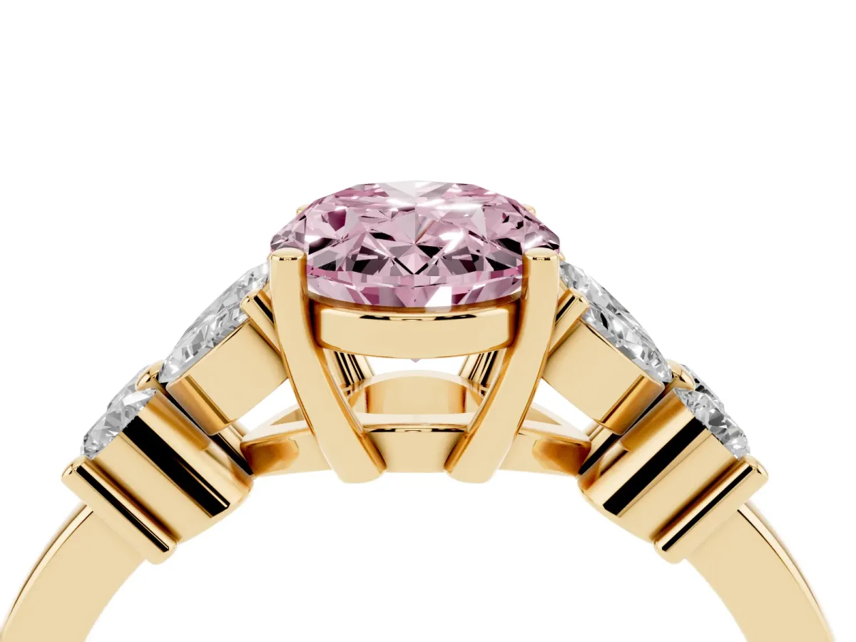 Fancy Pink Oval Cut Diamond Floral Cluster Ring with Solitaire Band and Prong Setting Yellow gold