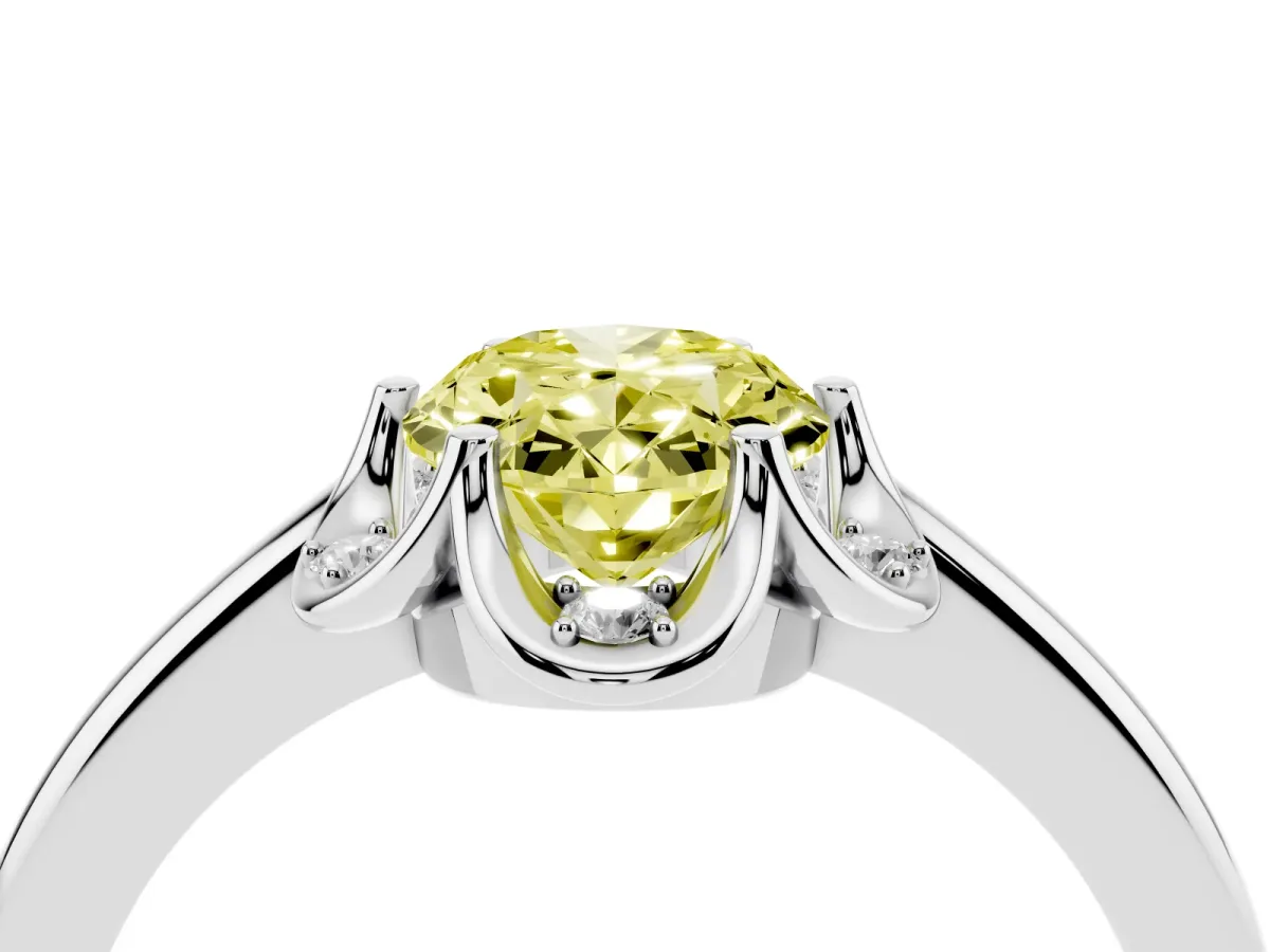 Fancy Yellow Oval Cut Halo Diamond Ring with Round Cluster Setting, Solitaire Band, and Four-Prong Setting Platinum