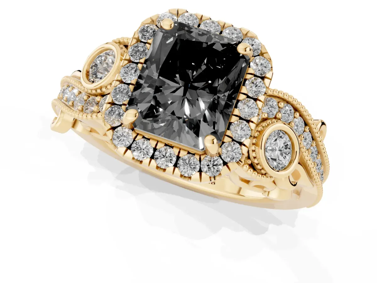Fancy Black Radiant Cut Halo Diamond Ring with Milgrain and Bezel Accents on a Split Shank Band Yellow gold