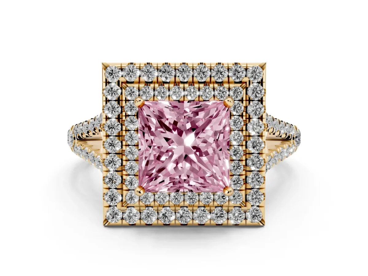 Fancy Pink Princess Cut Diamond Double Halo Ring with Pavé Band and Prong Setting Yellow gold