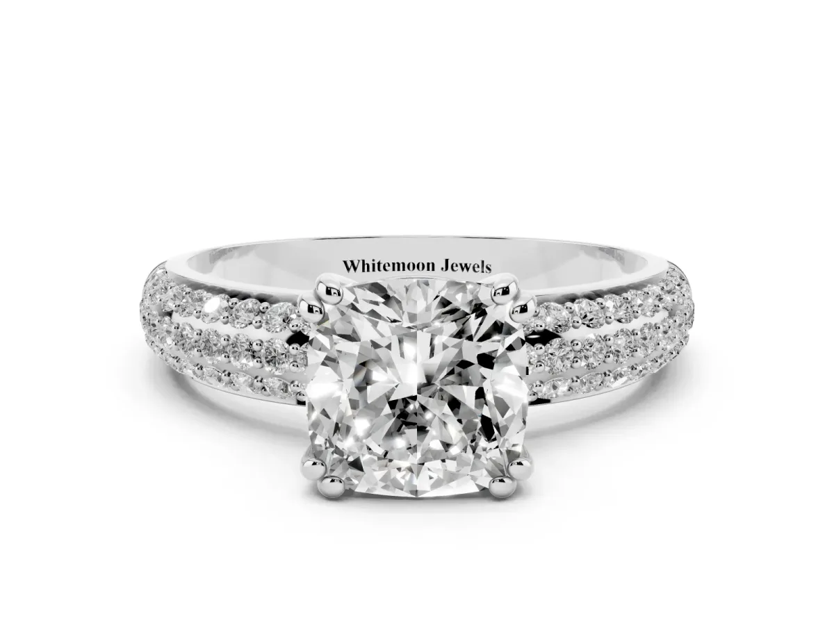 Cushion Cut Diamond Solitaire Ring with Multi-Row Round Pavé Band and Prong Setting Silver