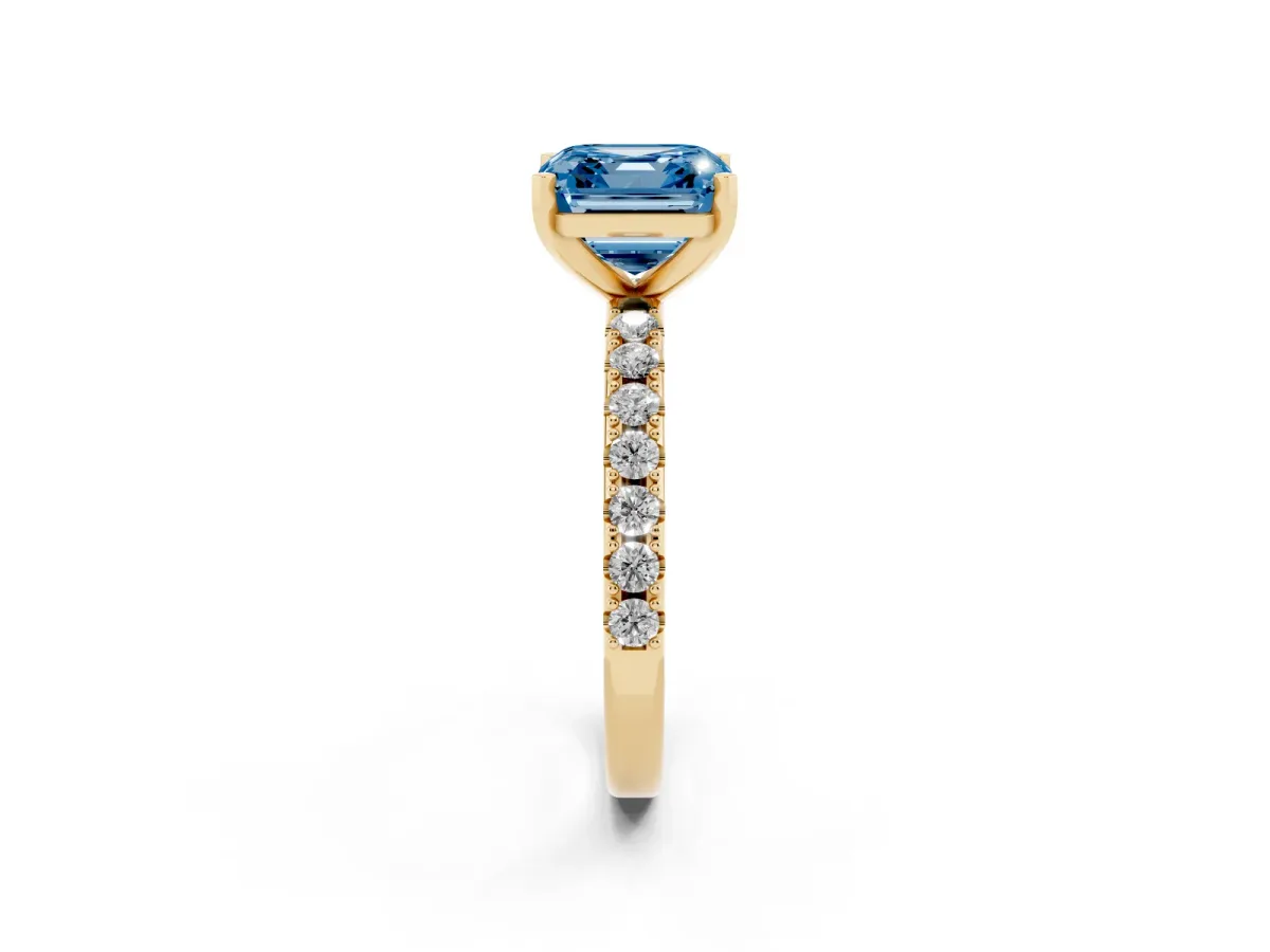 Fancy Blue Asscher Cut Diamond Solitaire Pavé Band with Four-Prong Setting Yellow gold