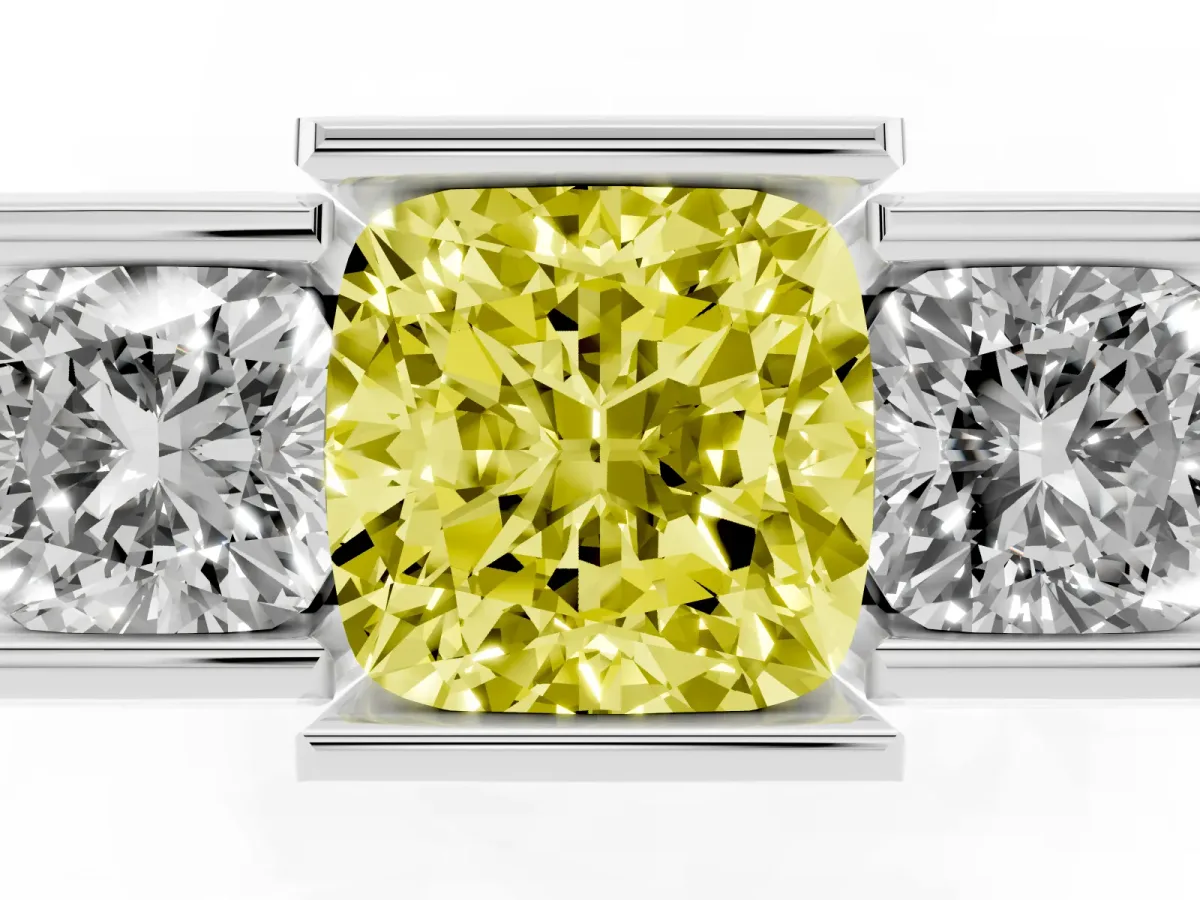Fancy Yellow Three Stone Cushion Cut Cut Channel Set Diamond Ring Silver