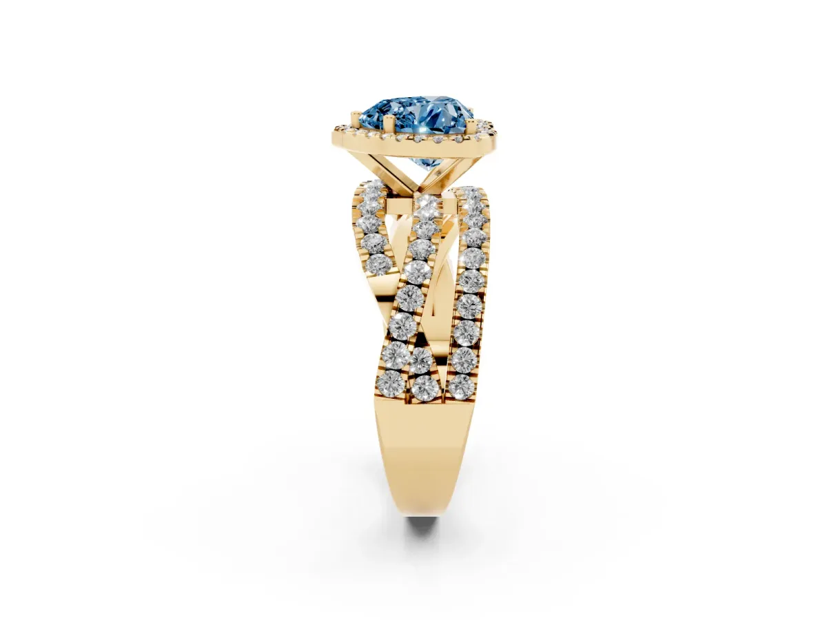 Fancy Blue Heart Cut Diamond Halo Ring with Round Split Shank and Prong Setting Yellow gold